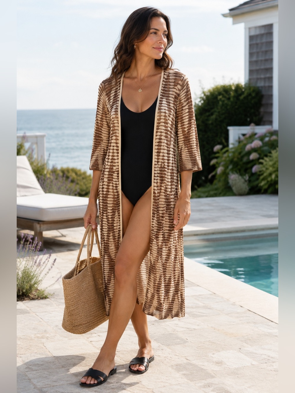 Calypso St. Barth Metallic Bronze Striped Maxi Duster Cardigan